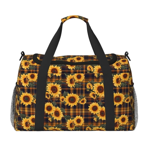 Picia Brown Blue Plaid Sunflower Print Travel Duffle Bag,Weekender Bags for Women with Shoe Compartment, Gym Duffel Bag with Wet Pocket, Hospital Bags for Labor and Delivery