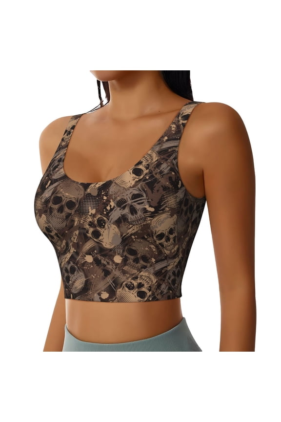 Brown Camouflage Skull Sports Bra for Women,Padded Strappy Sports Bras Medium Support Yoga Bra with Removable Cups,Running Yoga Bra-X-Large