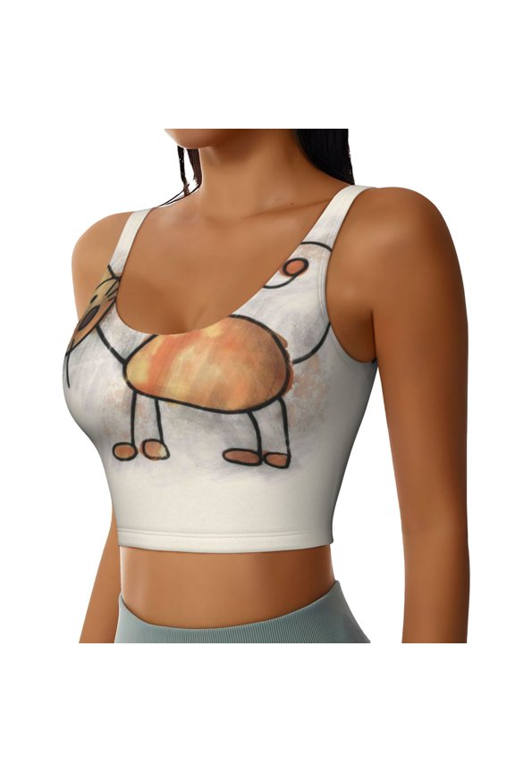 Brown Cat Cartoon Sports Bra for Women,Padded Strappy Sports Bras Medium Support Yoga Bra with Removable Cups,Running Yoga Bra-Medium