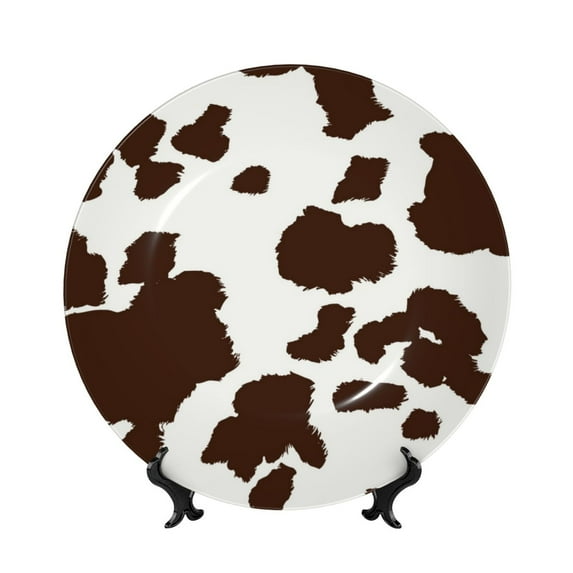 Picia Brown Cow Pattern Bone China Decorative Plate – Wall Decor with Stand and Adhesive, Elegant Ornament for Living Room, Office, or Entryway-8in