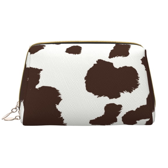Picia Brown Cow Print Leather Makeup Bag Make Up Bag Travel Toiletry Bag for Her Girlfriend Teacher Teen Girl Gifts