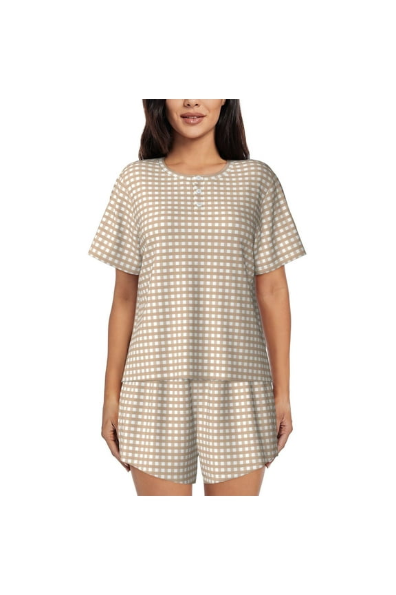Brown Gingham Pajamas Sets for Women Soft Short-Sleeved Pjs with Lounge Shorts Two Piece Sleepwear-4X-Large