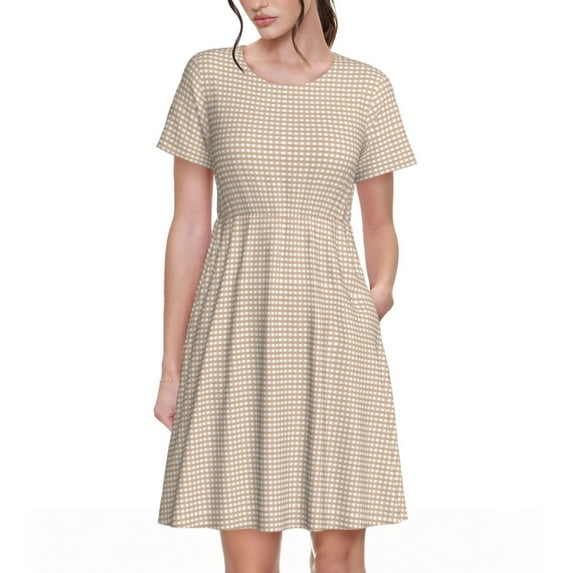 Picia Brown Gingham Pattern Women's Short Sleeve Summer Dress Pleated Loose Swing Knee Length Short Sleeve Swing Dresses