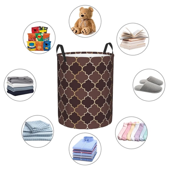 Picia Brown Gold Grid Large Laundry Basket, Waterproof, Freestanding Laundry Hamper, Collapsible Tall Clothes Hamper with Extended Handles-