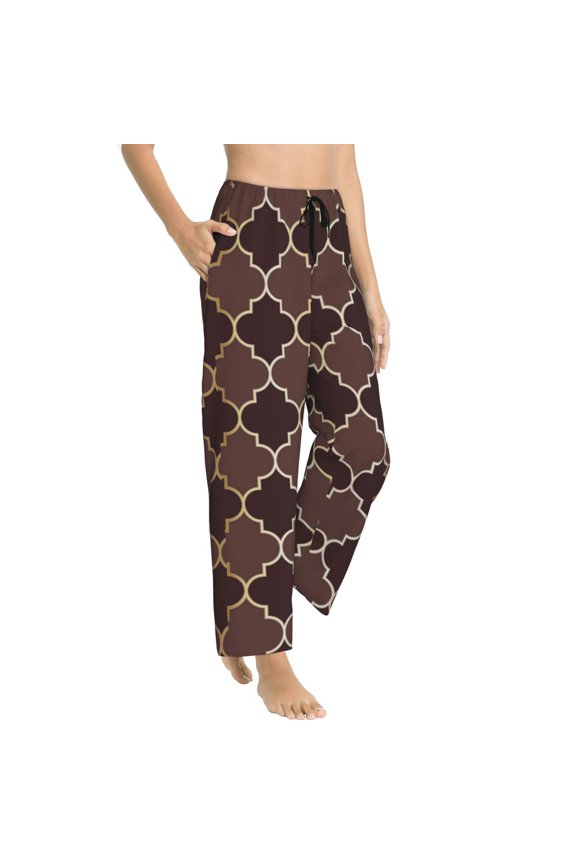 Brown Gold Grid Womens Soft Woven Cotton Elastic Waistband Sleep Pajama Pant Lounge Sleep Pant With Pockets And Drawstring-Small