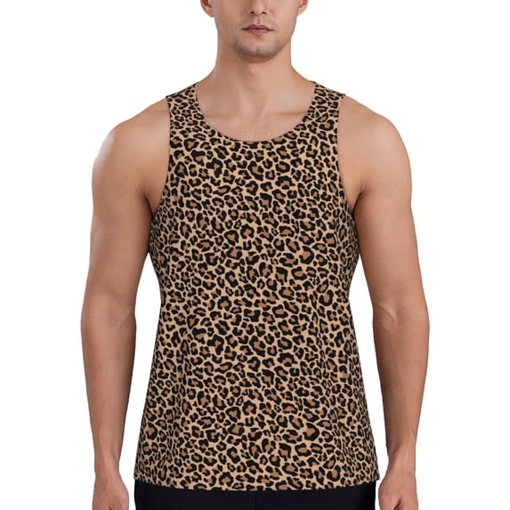 Picia Brown Leopard Printed Men’s Performance Tank, Men's Workout Tank Top Moisture-Wicking Tank Top Muscle tee, Breathable Workout Shirt-4X-Large