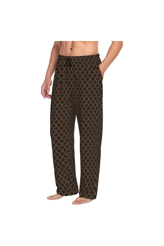 Brown Moroccan Trellis Mens Soft Woven Cotton Elastic Waistband Sleep Pajama Pant Lounge Sleep Pant With Pockets And Drawstring-Small
