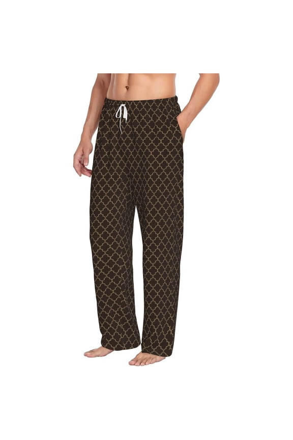 Brown Moroccan Trellis Mens Soft Woven Cotton Elastic Waistband Sleep Pajama Pant Lounge Sleep Pant With Pockets And Drawstring-X-Large