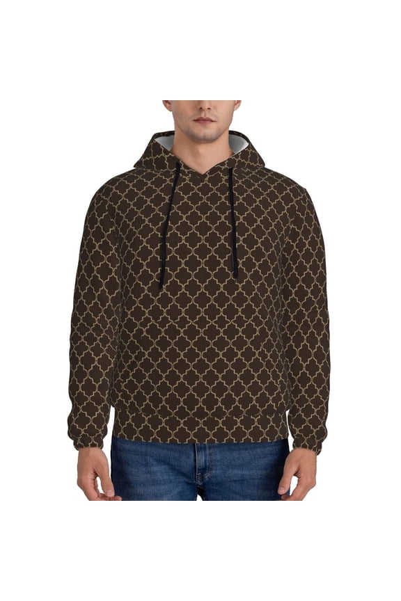 Brown Moroccan Trellis Pattern Casual Men's Hoodie - Lightweight Hooded Sweatshirt with Kangaroo Pocket, Comfortable Pullover for Everyday, Travel-3X-Large