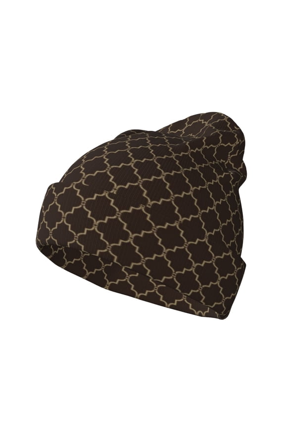 Brown Moroccan Trellis Pattern Knitted Beanie Hat for Men and Women , Unisex Winter Warm Stretchy Knit Cap Thick Fisherman Beanies Cuffed Plain Skull Caps