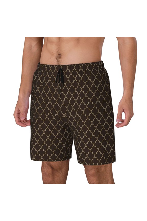 Brown Moroccan Trellis pattern Mens Swim Trunks with Compression Liner Stretch Beach Shorts Quick Dry with Zipper Pockets No-Chafing Board Shorts-Large