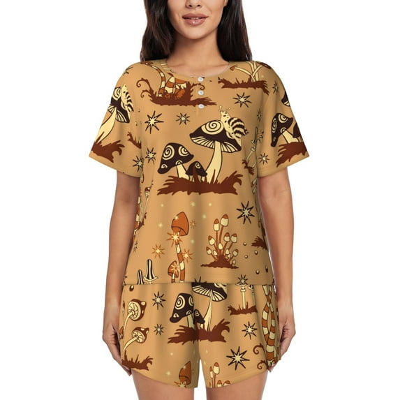 Picia Brown Mushrooms Pajamas Sets for Women Soft Short-Sleeved Pjs with Lounge Shorts Two Piece Sleepwear-3X-Large