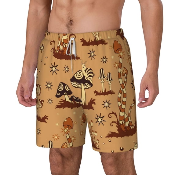 Picia Brown Mushrooms pattern Mens Swim Trunks with Compression Liner Stretch Beach Shorts Quick Dry with Zipper Pockets No-Chafing Board Shorts-X-Large