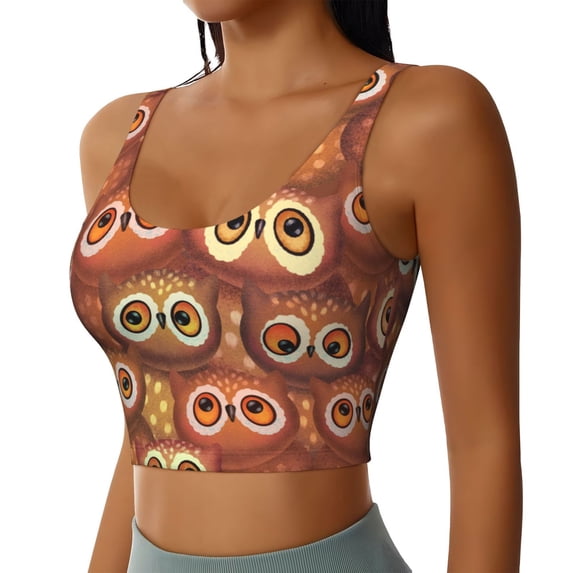 Picia Brown Owl Sports Bra for Women,Padded Strappy Sports Bras Medium Support Yoga Bra with Removable Cups,Running Yoga Bra-Large