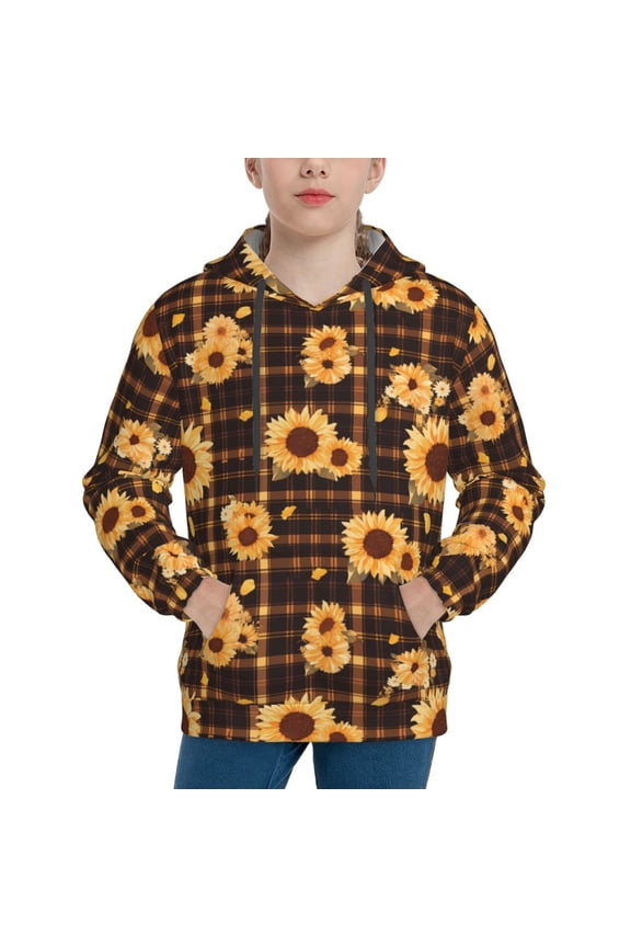 Brown Plaid Sunflower Pattern Youth Hoodie - Warm Pullover Sweatshirt with Kangaroo Pocket, Ideal for Boys and Girls-Large