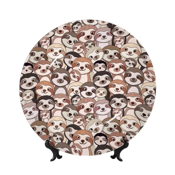 Picia Brown Sloth Pattern Bone China Decorative Plate – Wall Decor with Stand and Adhesive, Elegant Ornament for Living Room, Office, or Entryway-6in