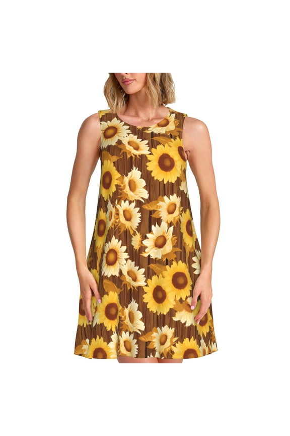 Brown Wood Grain Sunflower B Print Women’s Sleeveless Midi Swing Dress – A-Line Pleated Tank Sundress, Comfortable and Flowy T-Shirt Dress