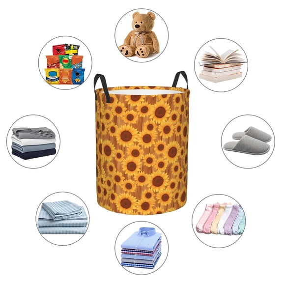 Picia Brown Wood Grain Sunflower A Large Laundry Basket, Waterproof, Freestanding Laundry Hamper, Collapsible Tall Clothes Hamper with Extended Handles-Small