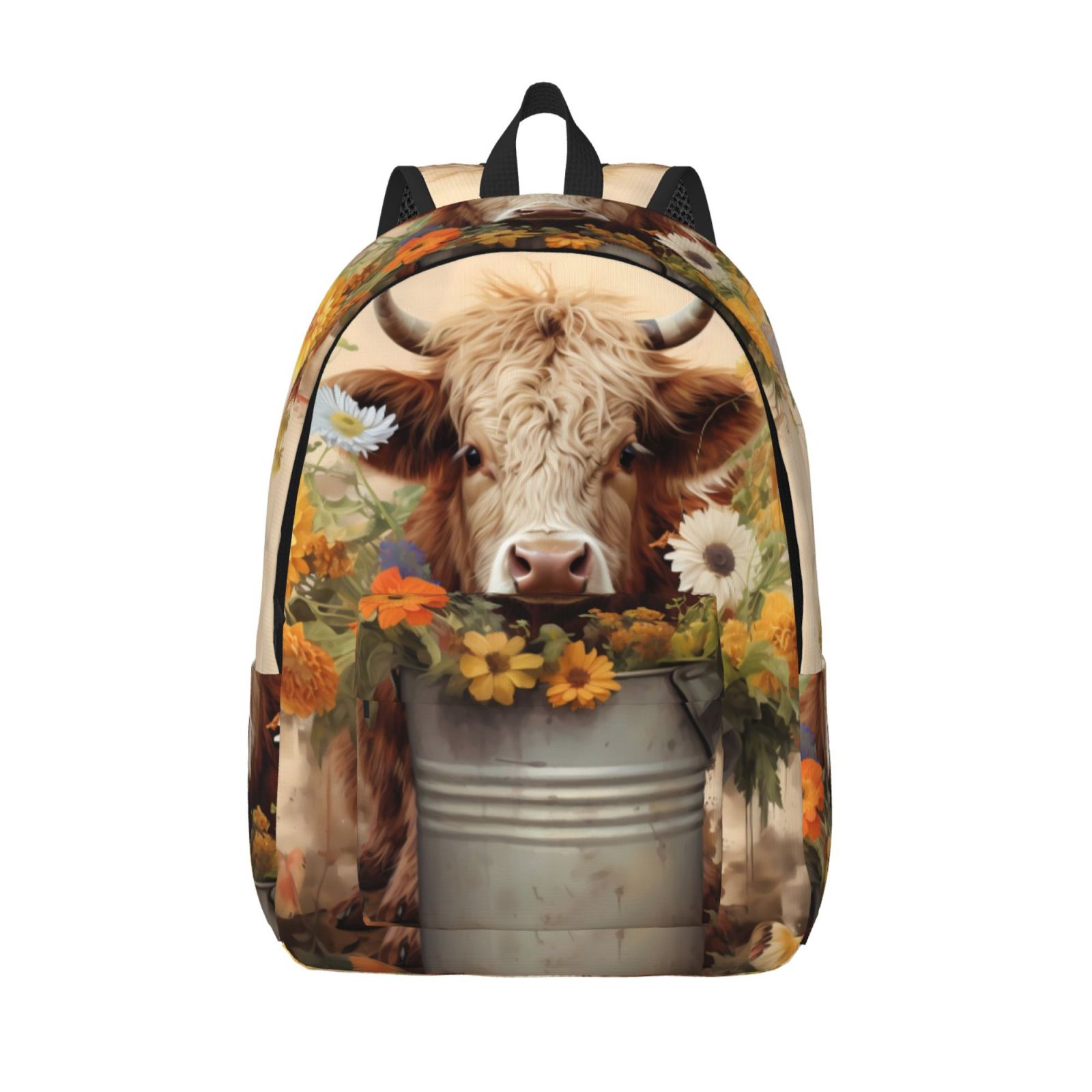 Picia Bucket Flower Cow Printed Canvas Daypack - Stylish and Durable Vintage Compact Backpack - Class, Work, Travel, or Laptop Bookbag,Organized Compartments-Small