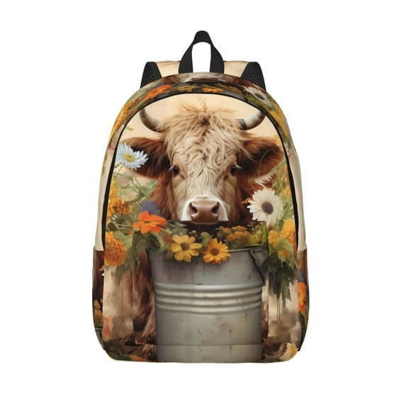 Picia Bucket Flower Cow Printed Canvas Daypack - Stylish and Durable Vintage Compact Backpack - Class, Work, Travel, or Laptop Bookbag,Organized Compartments-Small