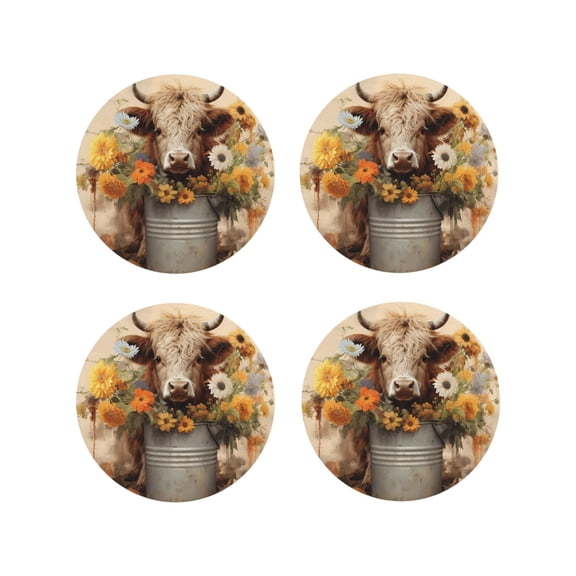 Picia Bucket Flower Cow Printed Leather Coasters for Drinks, 4" Drink Coasters Set of 4 for Tabletop Protection, Handmade Luxurious Home Décor and Housewarming Gift -Round Shape
