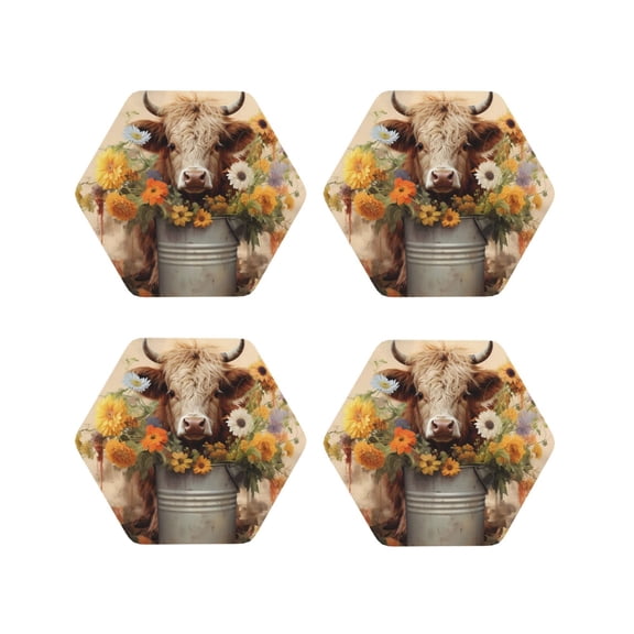 Picia Bucket Flower Cow Printed Leather Coasters for Drinks, 4" Drink Coasters Set of 4 for Tabletop Protection, Handmade Luxurious Home Décor and Housewarming Gift -Hexagon