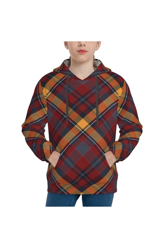 Buffalo Check Plaid Pattern Youth Hoodie - Warm Pullover Sweatshirt with Kangaroo Pocket, Ideal for Boys and Girls-Small