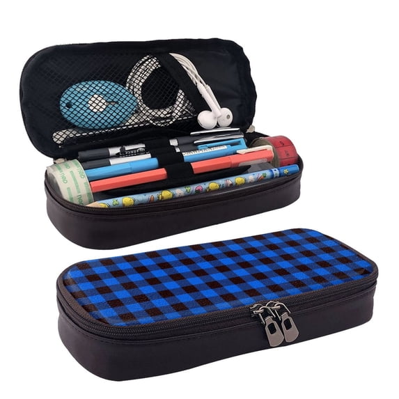Picia Buffalo Plaid Blue Black Pattern Large Capacity PU Leather Pencil Case Organizer Pen Marker Holder Double Zipper Storage Bag Big Pencil Pouch for College Office