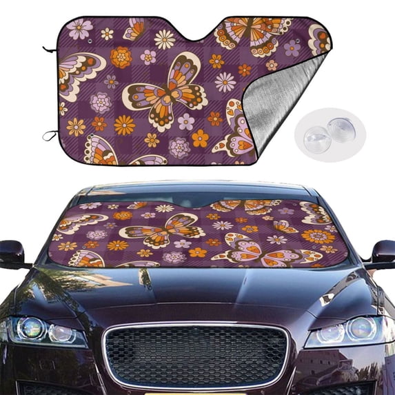 Picia Buffalo Plaid and Butterflys Curved Windshield Sunshade Accordion Folding Style Auto Shade for Car Truck SUV Van Blocks UV Ray Sun Visor Protector -Medium