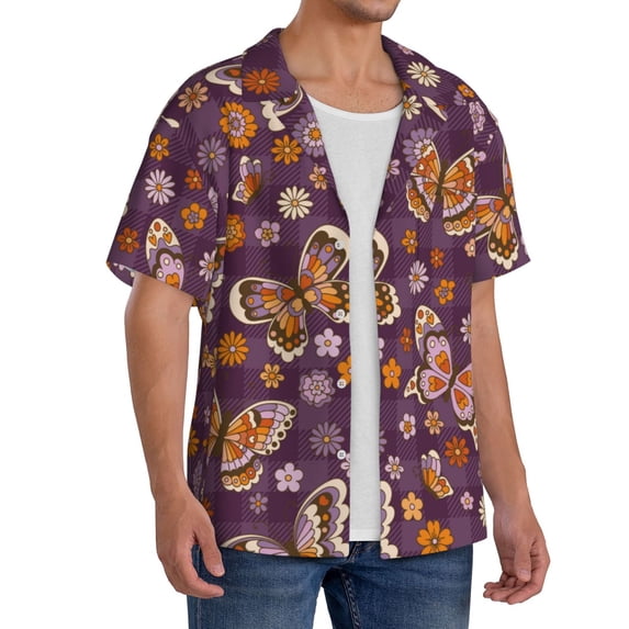 Picia Buffalo Plaid and Butterflys Men's Linen Shirts Short Sleeve Cuban Beach Shirts Casual Shirts Button Down Shirt for Men Beach Summer Wedding Shirt-Medium