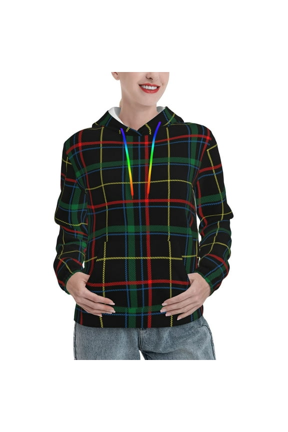 Buffalo Plaid Dark Green Pattern Casual Women's Hoodie, Hooded Sweatshirt with Kangaroo Pocket, Comfortable Pullover with Eye-catching Drawstrings-X-Large