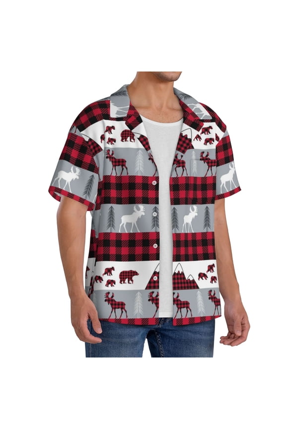 Buffalo Plaid Forest Men's Linen Shirts Short Sleeve Cuban Beach Shirts Casual Shirts Button Down Shirt for Men Beach Summer Wedding Shirt-3X-Large