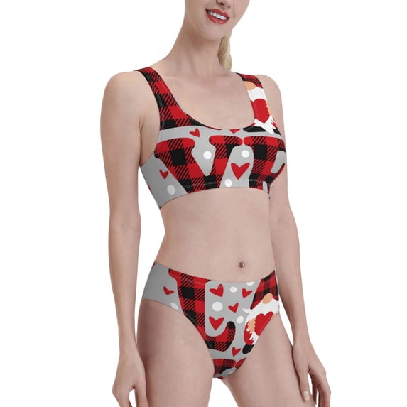 Picia Buffalo Plaid Love And Gnome Women's High Waisted Bikini Scoop Neck Swimsuit Two Pieces Bathing Suit-