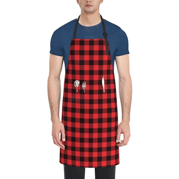Picia Buffalo Plaid Red Black Waterproof Apron for Unisex Adult - Adjustable Bib Apron with Pockets, Ideal for Cooking, Gardening, Painting, and Household Chores