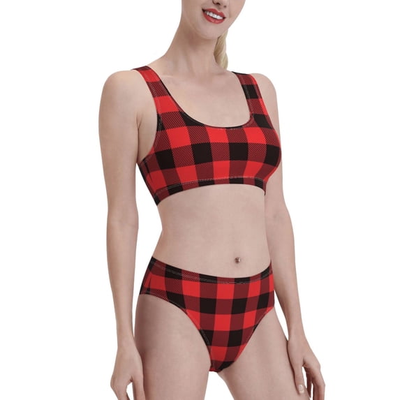 Picia Buffalo Plaid Red Black Women's High Waisted Bikini Scoop Neck Swimsuit Two Pieces Bathing Suit-XX-Large