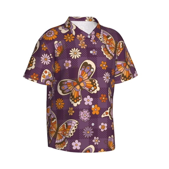 Picia Buffalo Plaid and Butterflys Gentle Cotton Regular Fit Short Sleeve Casual Hawaiian Shirt for Men-Small