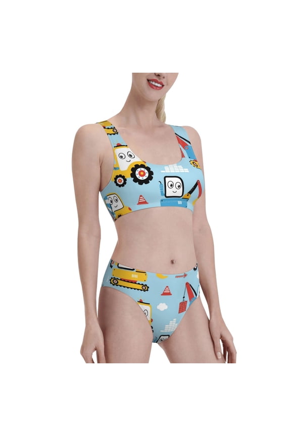 Building Truck Women's High Waisted Bikini Scoop Neck Swimsuit Two Pieces Bathing Suit-X-Large