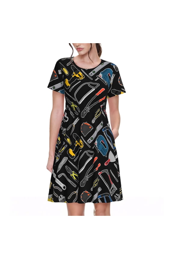 Building hand tools Pattern Women's Short Sleeve Summer Dress Pleated Loose Swing Knee Length Short Sleeve Swing Dresses