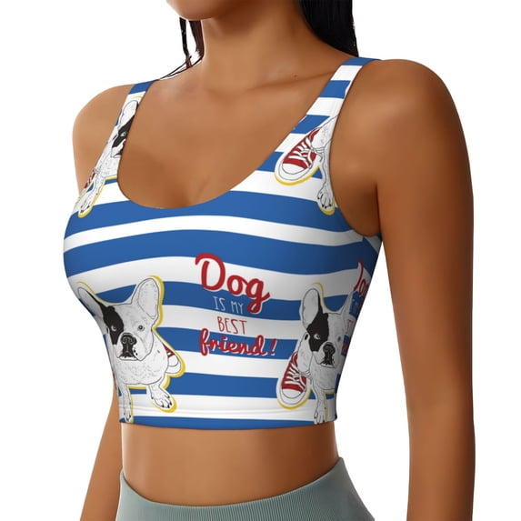 Picia Bulldog Friend Sports Bra for Women,Padded Strappy Sports Bras Medium Support Yoga Bra with Removable Cups,Running Yoga Bra-