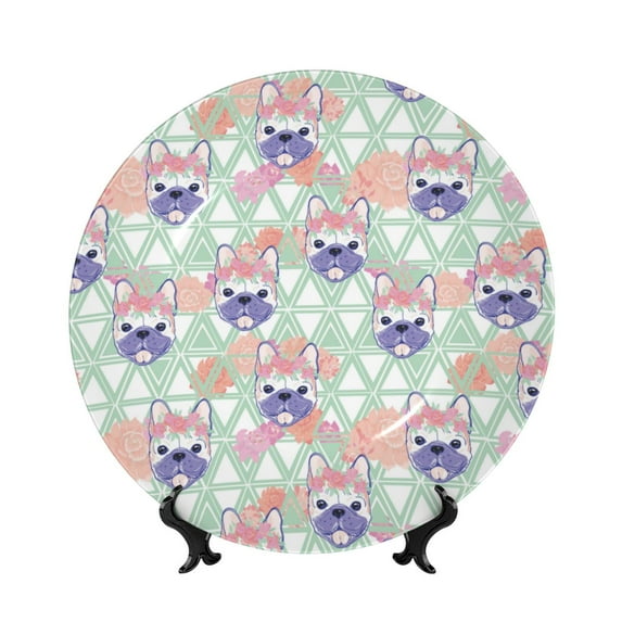 Picia Bulldog Pattern Bone China Decorative Plate – Wall Decor with Stand and Adhesive, Elegant Ornament for Living Room, Office, or Entryway-8in
