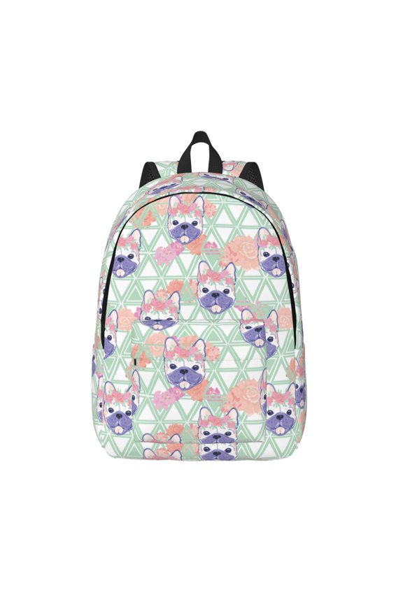 Bulldog Printed Canvas Daypack - Stylish and Durable Vintage Compact Backpack - Class, Work, Travel, or Laptop Bookbag,Organized Compartments-Medium