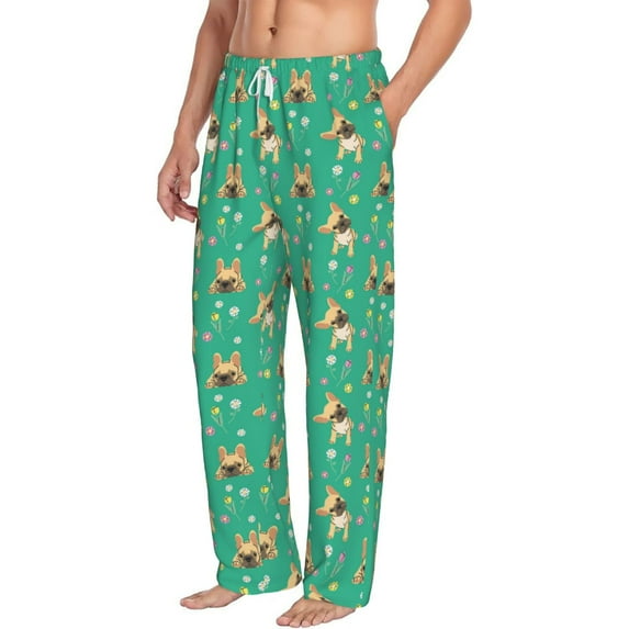 Picia Bulldog Puppy Flower Mens Soft Woven Cotton Elastic Waistband Sleep Pajama Pant Lounge Sleep Pant With Pockets And Drawstring-X-Large