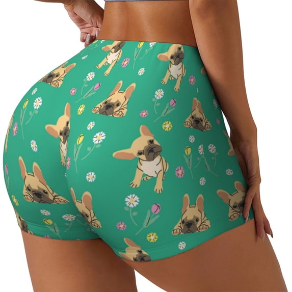 Picia Bulldog Puppy Flower Printed Workout Shorts for Women Seamless Scrunch Butt Lifting High Waisted Yoga Gym Booty Running Moisture-wicking Short Pants-Small