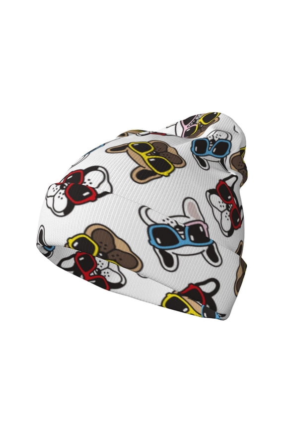 Bulldog Sunglasses Face Pattern Knitted Beanie Hat for Men and Women , Unisex Winter Warm Stretchy Knit Cap Thick Fisherman Beanies Cuffed Plain Skull Caps