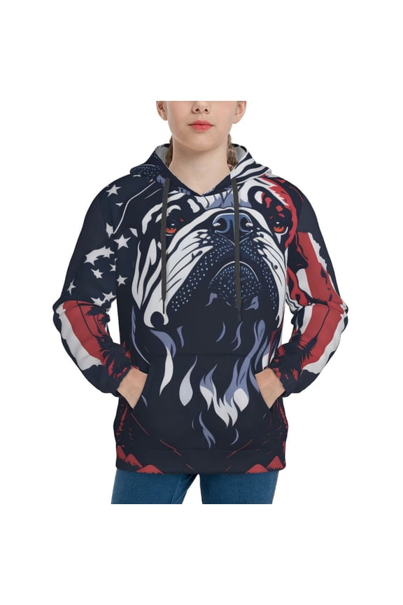 Bulldog with Forest Flag Pattern Youth Hoodie - Warm Pullover Sweatshirt with Kangaroo Pocket, Ideal for Boys and Girls-X-Large