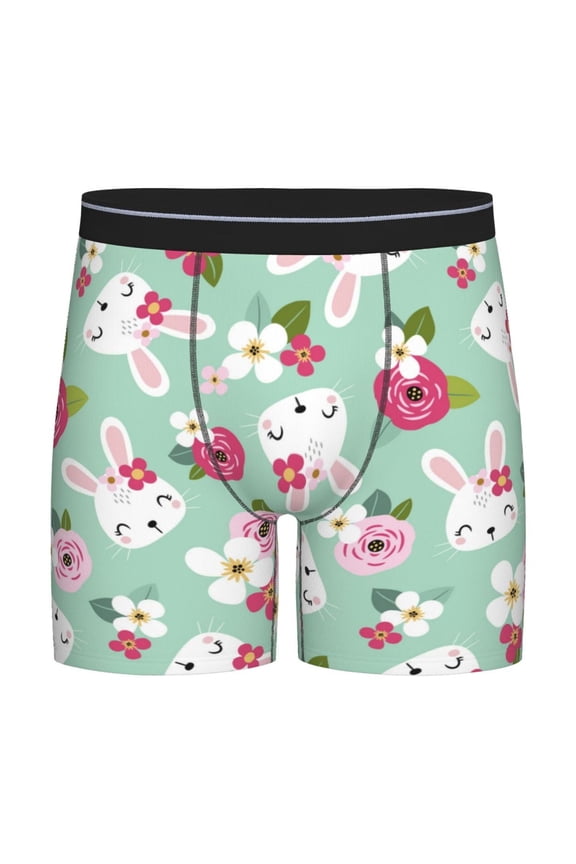 Bunny And Rose Pattern Men's Athletic Long Leg Briefs , Performance Stretch Underwear，Moisture-Wicking