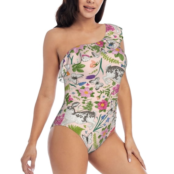 Picia Bunny Floral Pattern Women's One Piece Swimsuits,One Shoulder Swimwear Asymmetric ,Ruffle Monokinis Bathing Suits,High Waisted Flattering Bathing Suits-