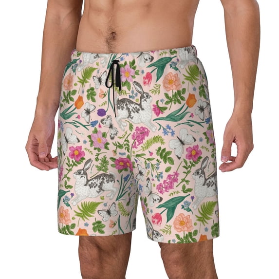 Picia Bunny Floral pattern Mens Swim Trunks with Compression Liner Stretch Beach Shorts Quick Dry with Zipper Pockets No-Chafing Board Shorts-