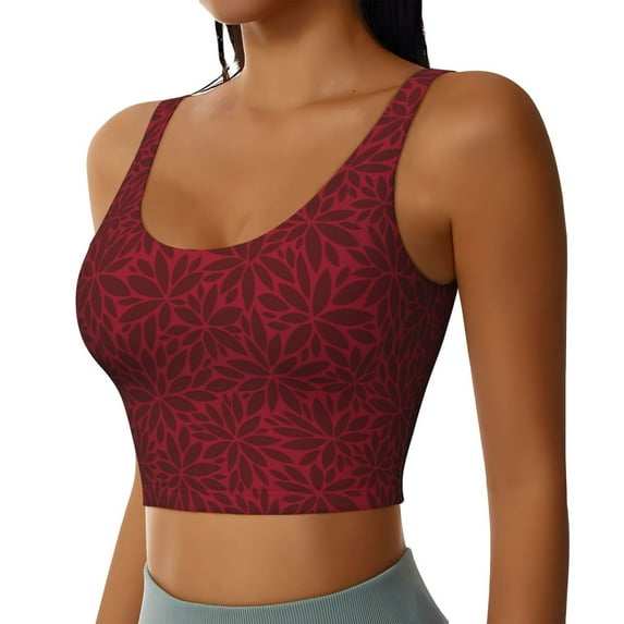 Picia Burgundy Floral Sports Bra for Women,Padded Strappy Sports Bras Medium Support Yoga Bra with Removable Cups,Running Yoga Bra-Large