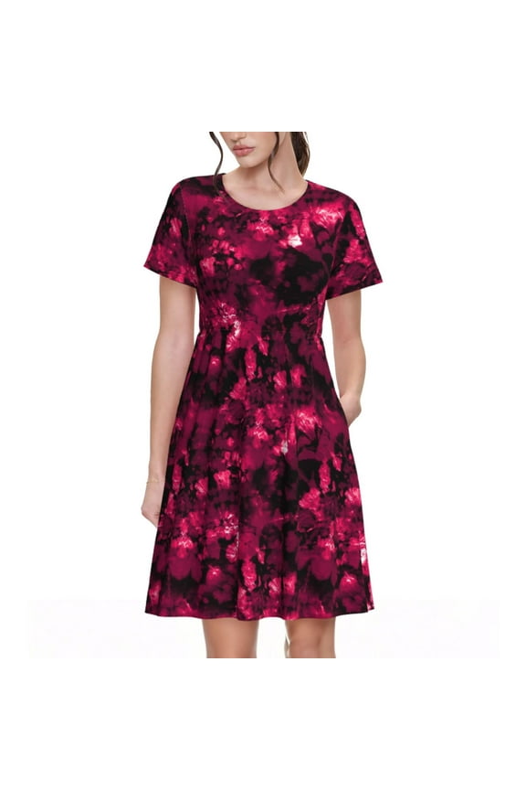 Burgundy Tie Dye Pattern Women's Short Sleeve Summer Dress Pleated Loose Swing Knee Length Short Sleeve Swing Dresses